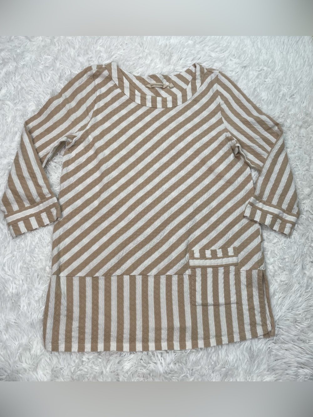 Soft Surroundings Womens Size M Medium Tunic Top Tan Striped Shirt Pocket